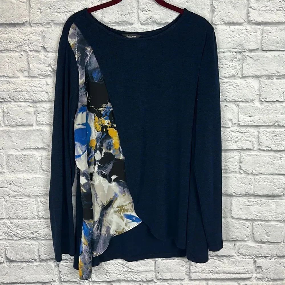 SIMPLY VERA WANG Long Sleeve Abstract Asymmetrical Design Navy Blouse Size XL